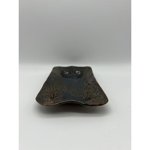 Signed Art Pottery Rectangle Reptile Design Texture Brown Green Shiny Glaze Dish - Picture 4 of 11